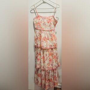 Caroline Constas Tiered Ruffle Floral Maxi Dress Crochet prom garden boho pink S